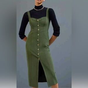 Anthropologie Maeve Moss Green Knit Button Front Midi Dress Babydoll Jumper 12